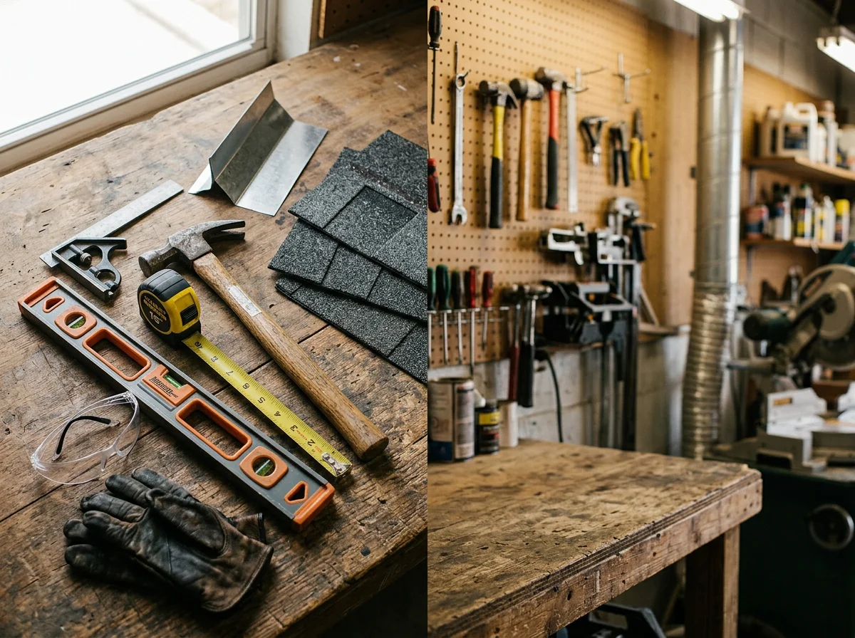 Professional exterior remodeling tools and materials arranged on a work surface, representing quality craftsmanship and home improvement services.