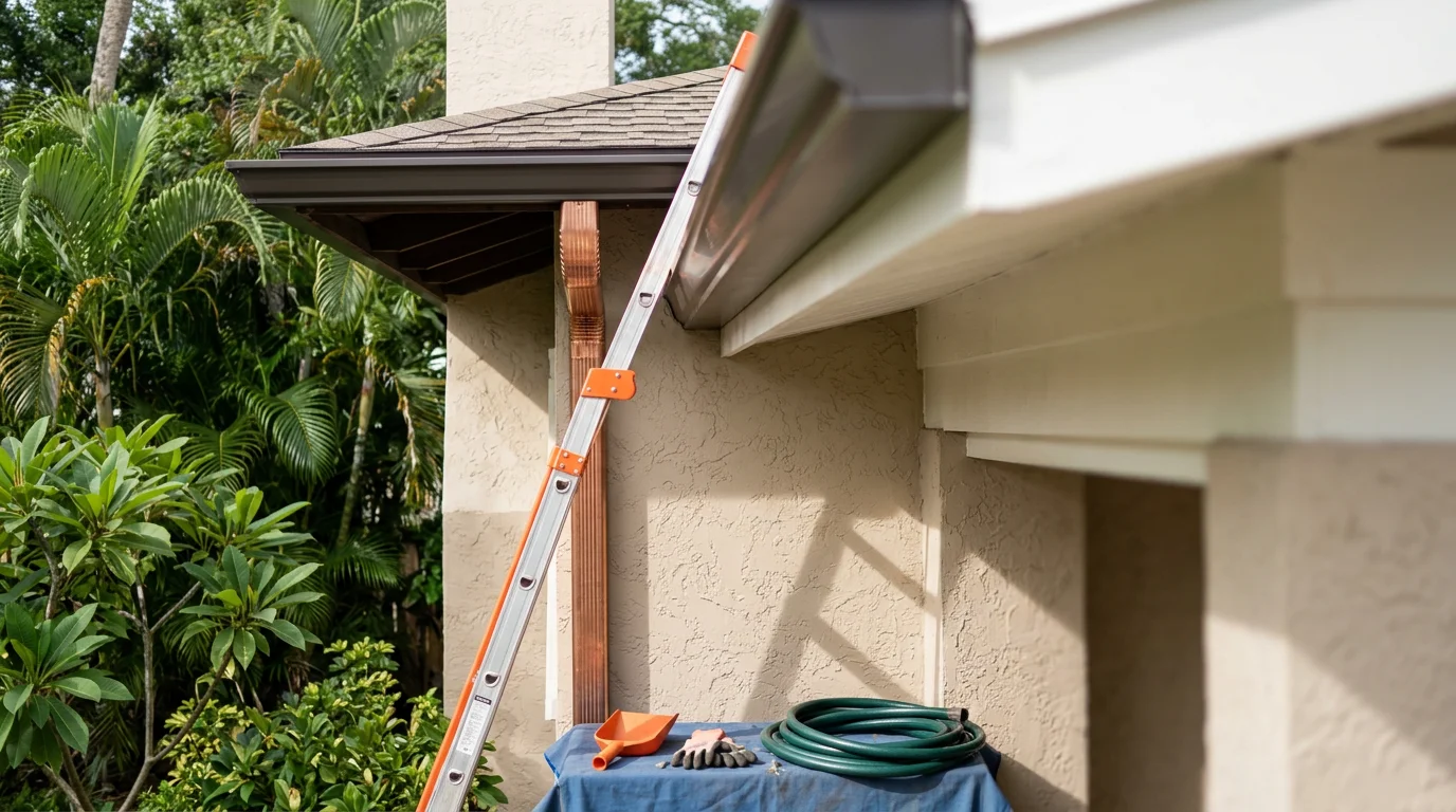 New gutters installed along the roofline of a Tampa residential home