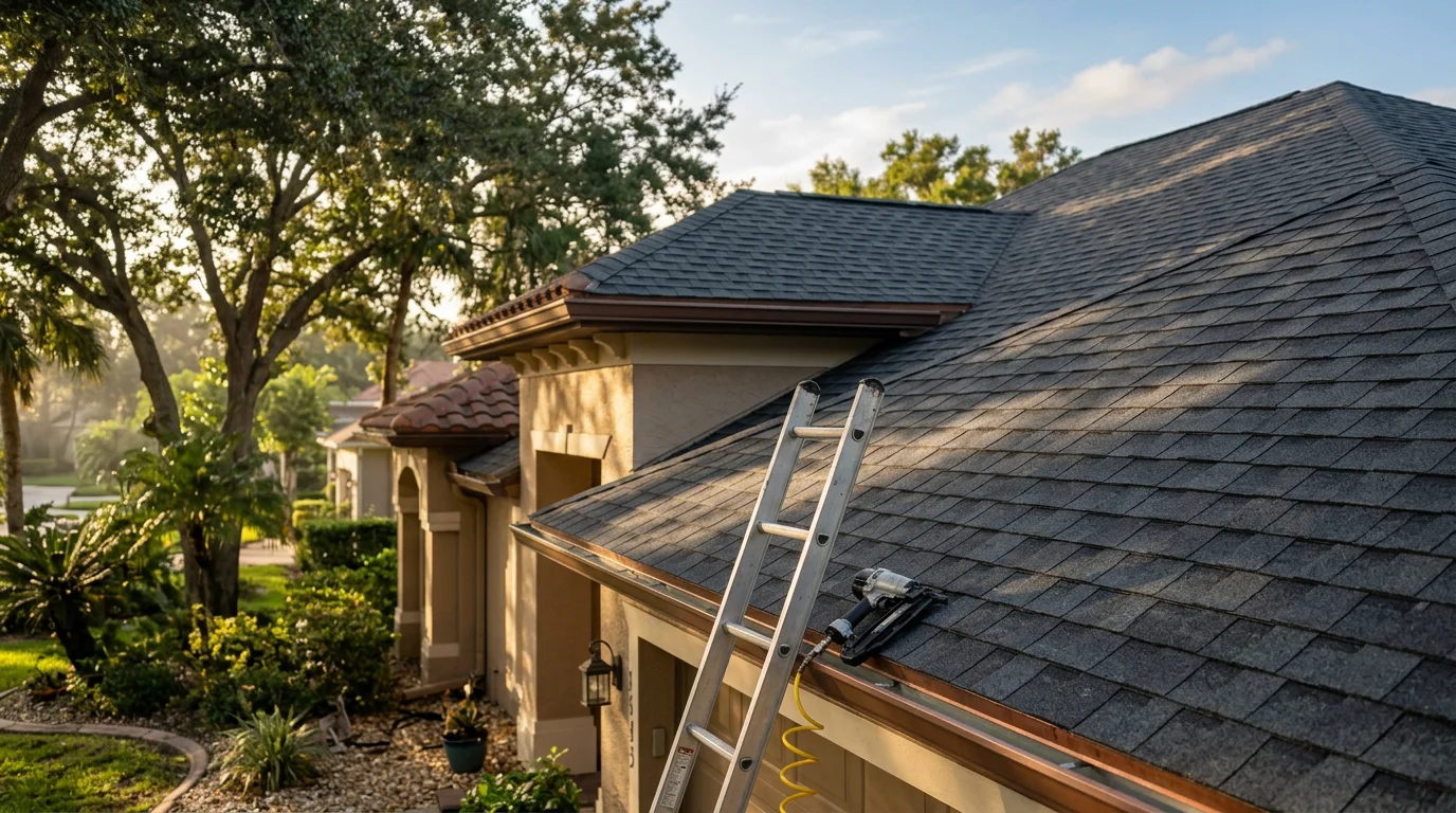 Professional roofer installing shingles on a residential roof in Tampa