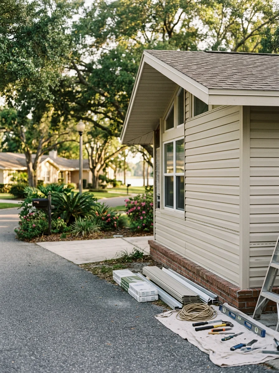 Portrait-format image of new siding installation on an Original Carrollwood midcentury home, with the lakeside neighborhood's tree-lined street and neighboring ranch-style homes visible in the background.