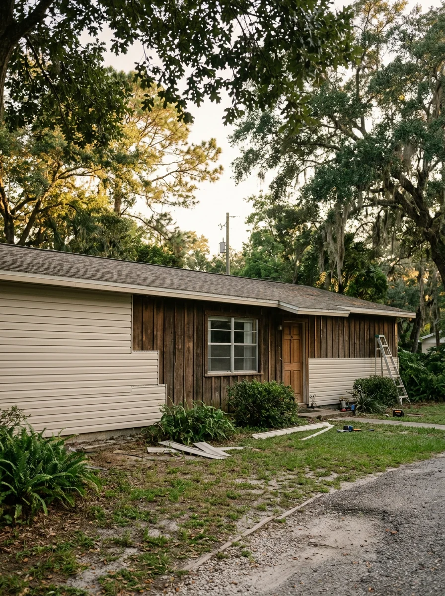 Portrait-format photo of a Lutz home exterior showing new siding installation on a 1970s ranch-style house, with a large lot and mature tree canopy visible in the background.