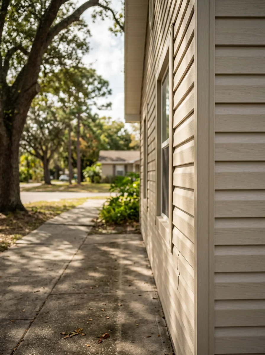 Portrait-format image of new vinyl siding being installed on a Plant City home exterior, with the historic neighborhood streetscape and mature trees visible along the residential street.