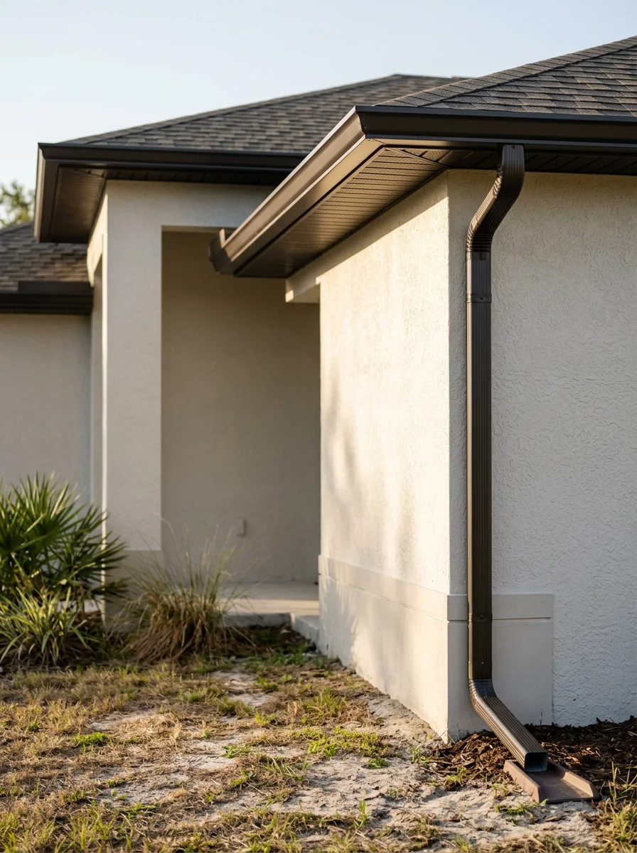 Portrait-format image of new gutters being installed on a Riverview home exterior, with the downspout positioned to direct water away from the foundation on a flat residential lot.