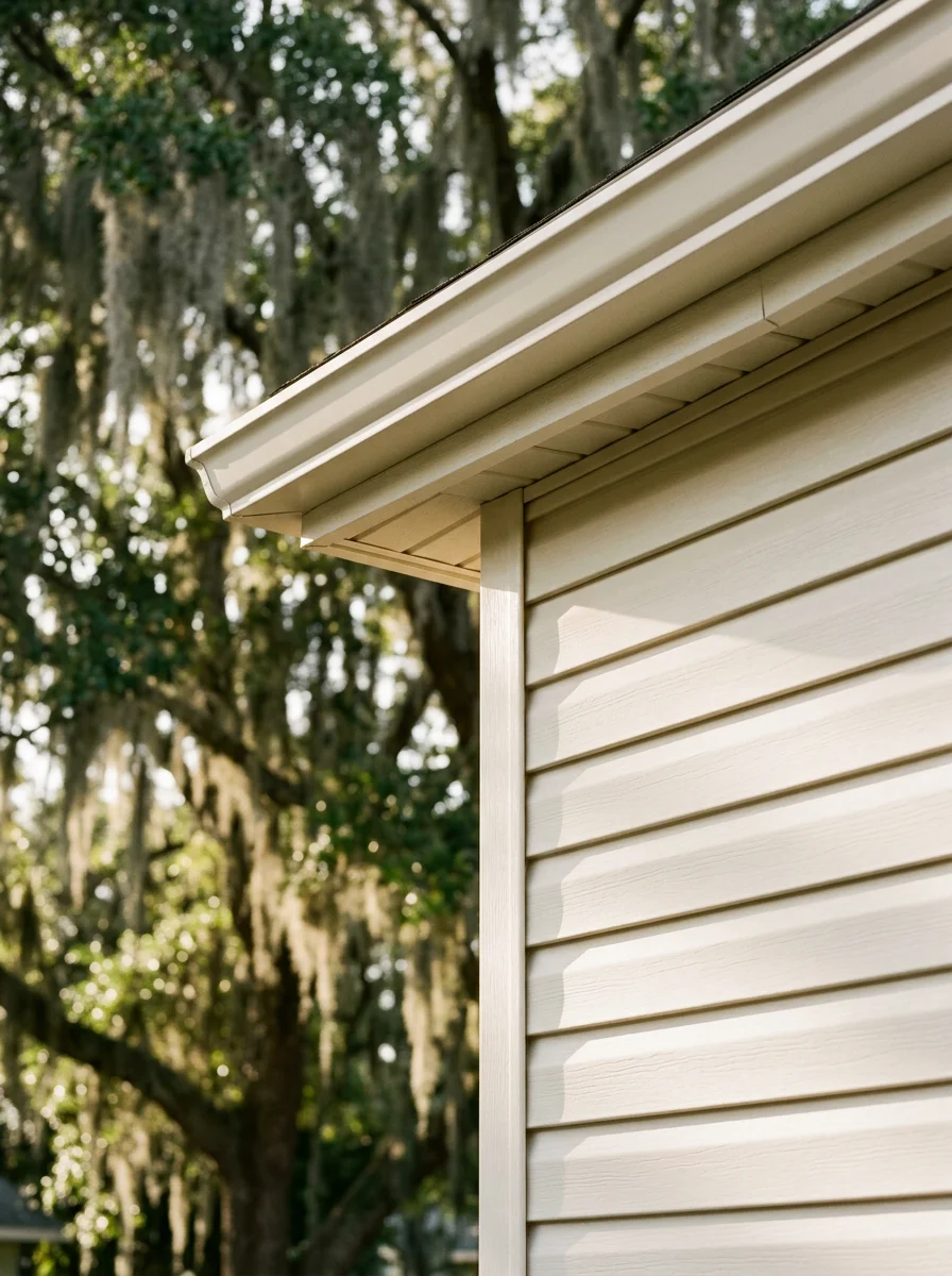 Close-up portrait-orientation photo of a Tampa home exterior showing new vinyl siding installation alongside a freshly installed gutter system, with mature oak trees visible in the background.