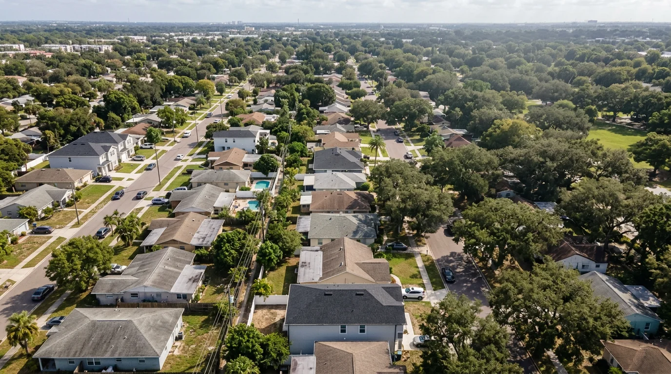 Aerial view of a Tampa residential neighborhood showing a mix of mid-century ranch homes and newer construction with asphalt shingle roofs, taken from a 16:9 perspective highlighting roof condition variation across the block.