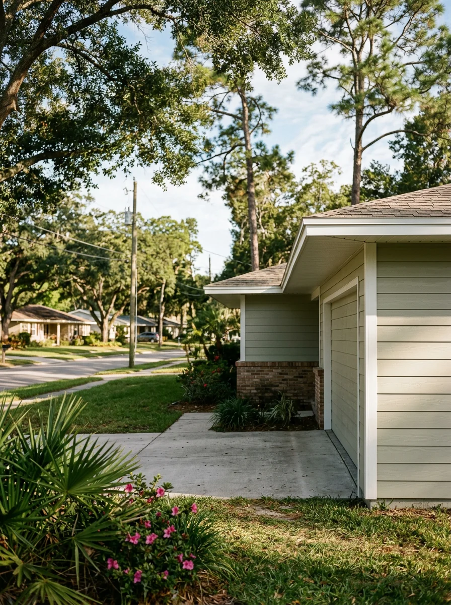 Portrait-format image of new siding installation on a Temple Terrace ranch-style home from the 1970s, with the city's tree-lined residential street and neighboring historic homes visible in the background.