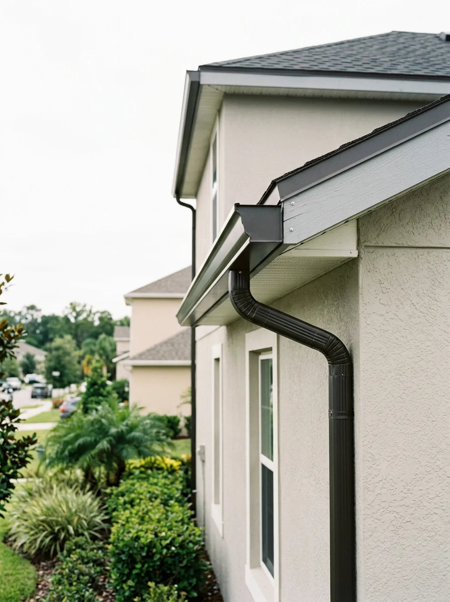 Portrait-format image of new seamless gutters being installed on a Wesley Chapel home exterior, with the community's HOA-maintained landscaping and neighboring homes visible in the background.