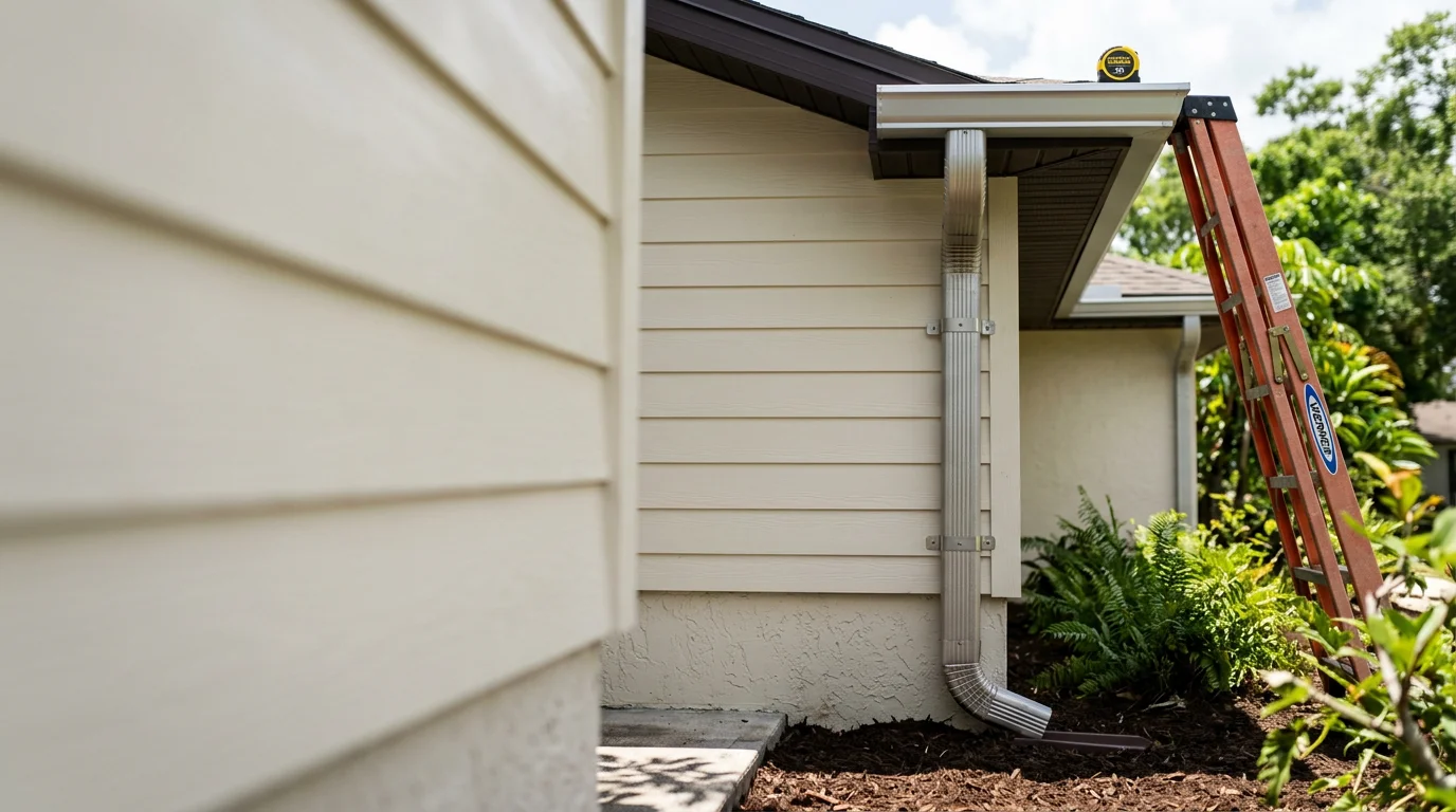 A newly installed aluminum downspout secured along the exterior wall of a Tampa-area home, with an angled extension directing water away from the foundation onto a grass lawn. The installation shows evenly spaced brackets and a clean connection at the gutter outlet above.