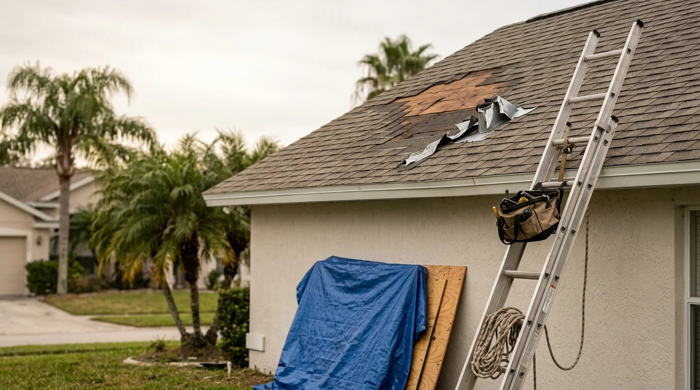 A Tampa-area home with visible storm damage including missing shingles and exposed roof decking after a severe weather event. A roofing crew assesses the damage from the roof surface in preparation for emergency repair.