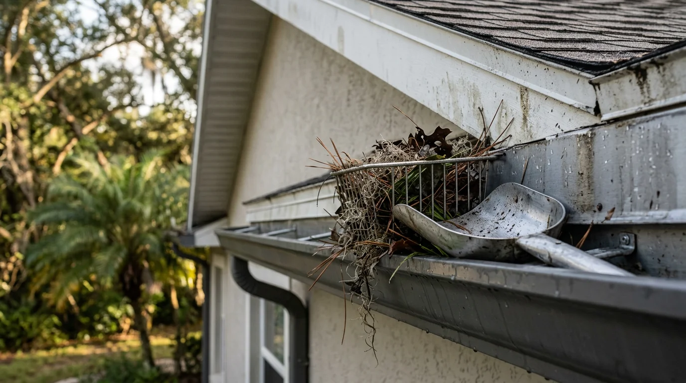 A Tampa-area home with clean, debris-free gutters and clear downspouts after a professional gutter cleaning service. Fallen leaves, pine needles, and organic buildup have been removed from the trough, restoring proper water flow along the roofline.