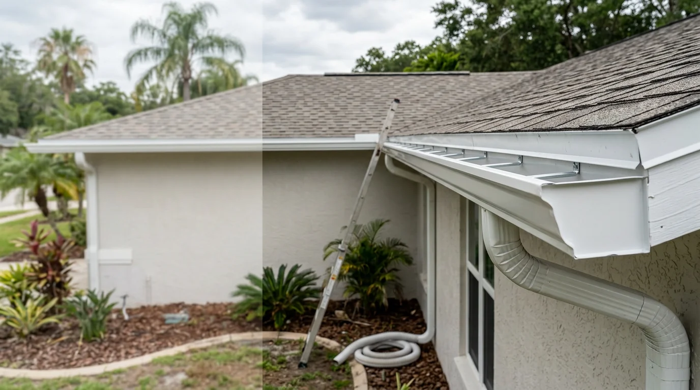 Newly installed gutter system running along the roofline of a single-story Tampa home, with a downspout directing water away from the foundation. The gutters are clean and properly pitched against a Florida residential exterior.