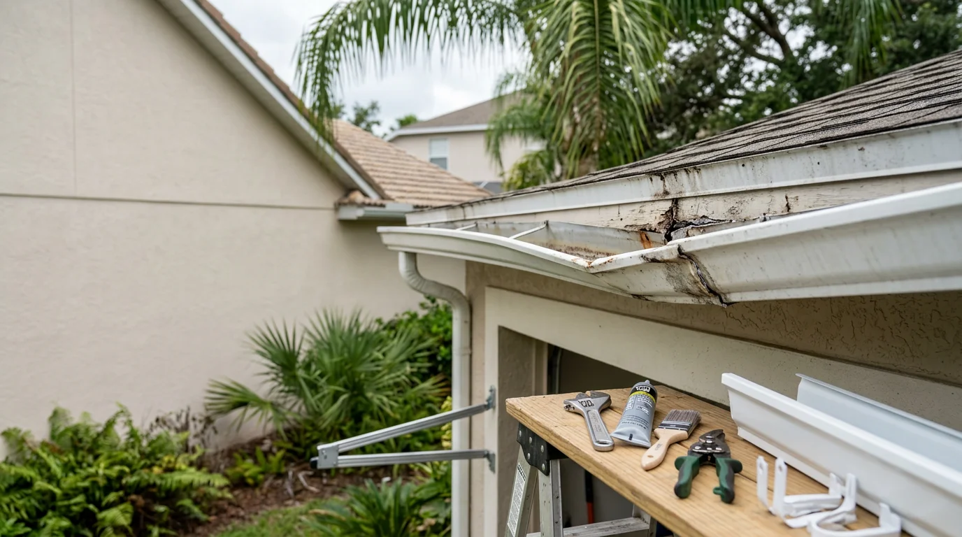 A close-up view of a repaired residential gutter section on a Tampa-area home, showing a secure bracket and sealed seam with a clear drainage channel. The surrounding fascia board and roofline are intact, with no visible water staining or sagging.