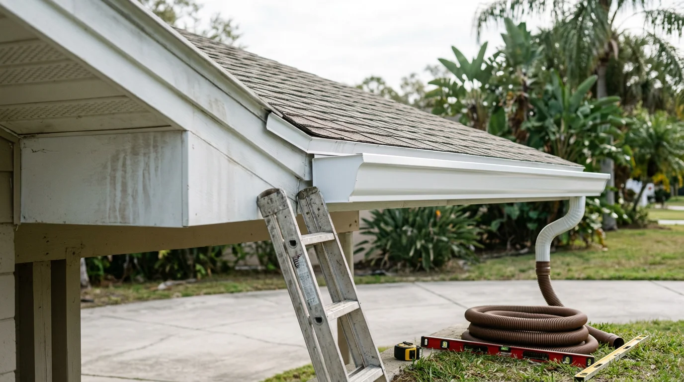 New gutter system installed along the roofline of a Tampa-area home, replacing a sagging and rust-damaged prior system. Close view shows clean fascia attachment and proper slope for drainage.