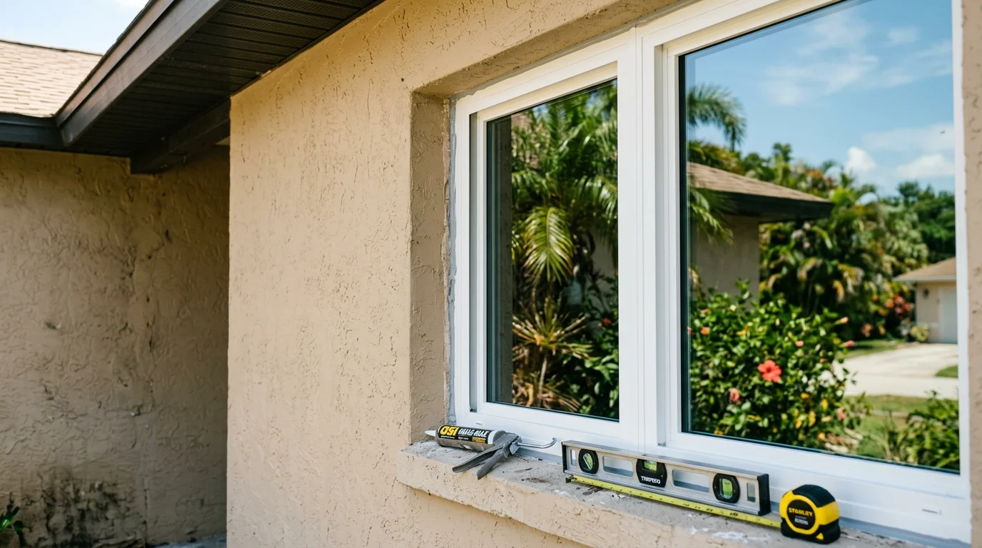 New residential windows installed on a single-family home in Tampa, Florida, showing clean frames and clear glass against a bright Florida sky. The exterior view highlights the finished installation across the front elevation of the house.