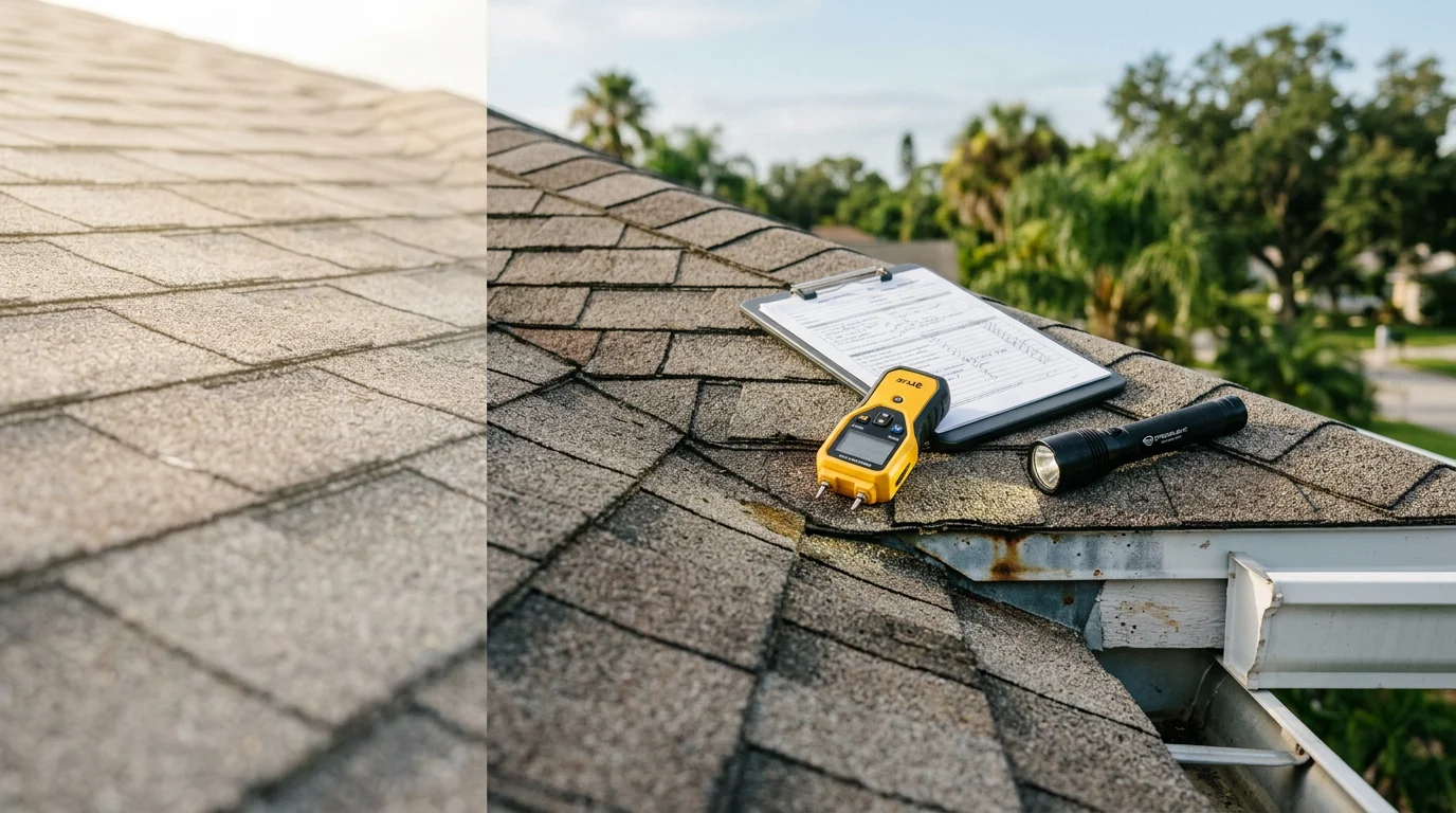 A roofing professional inspecting shingles and flashing on a residential home in Tampa, Florida. The inspector examines the roof surface for storm damage, lifted shingles, and signs of moisture wear.
