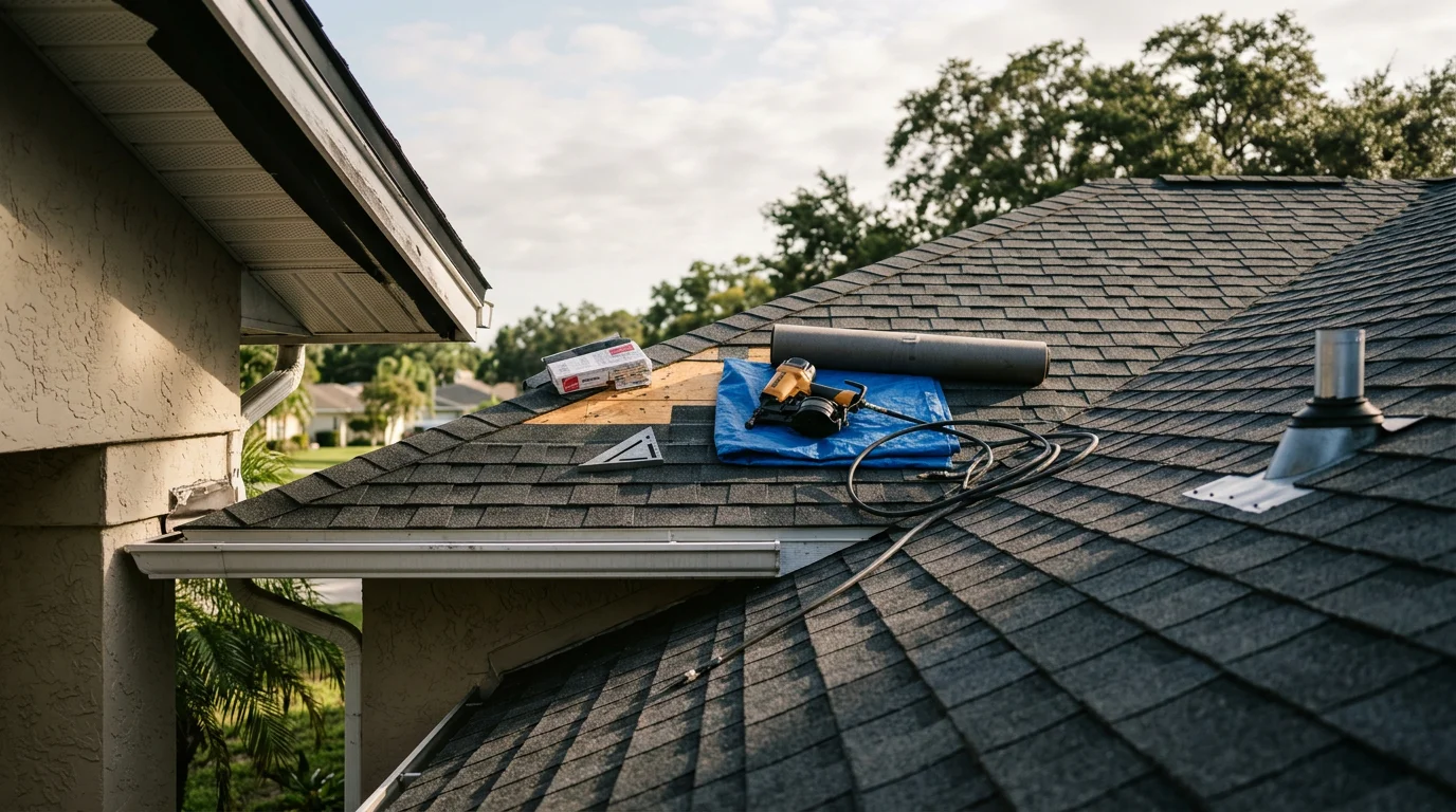 A newly installed residential roof on a single-family home in Tampa, Florida, showing clean roofline and finished ridge detail. The surrounding neighborhood reflects the typical suburban housing found across the Tampa Bay area.