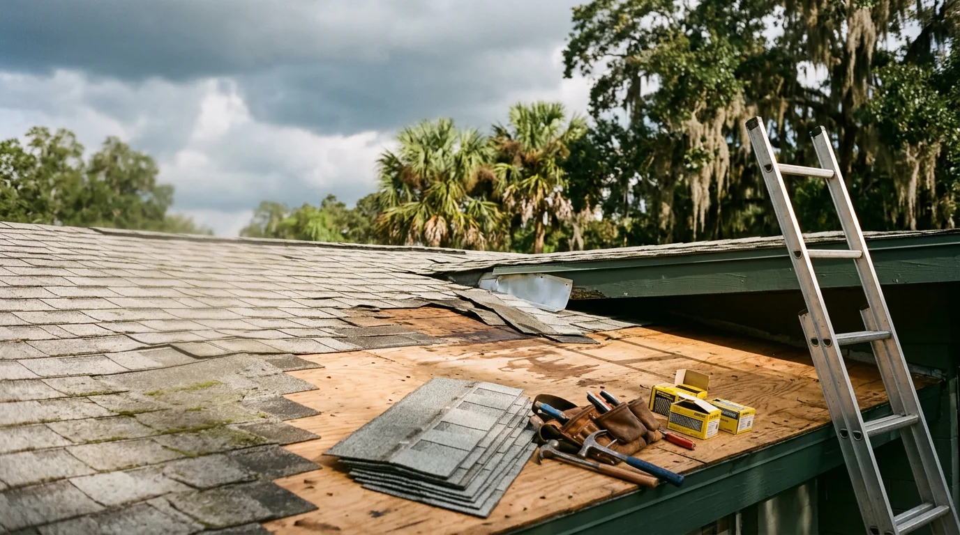 A residential roof in Tampa, Florida showing repaired shingles and sealed flashing after storm damage. The repair area blends with the surrounding roof surface on a single-family home.