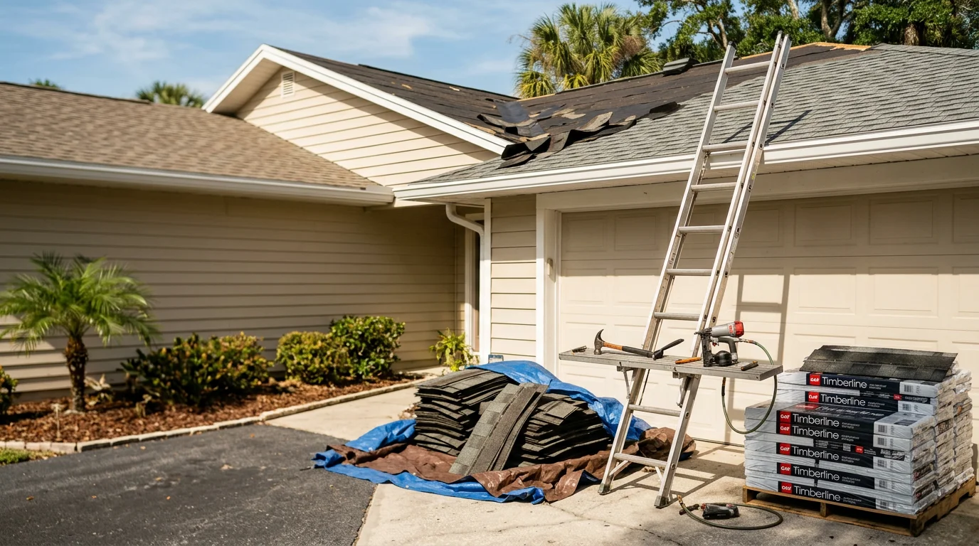 A completed roof replacement on a single-family home in Tampa, Florida, showing a freshly installed roofing system under clear skies. The surrounding neighborhood reflects the typical residential housing found across the greater Tampa area.