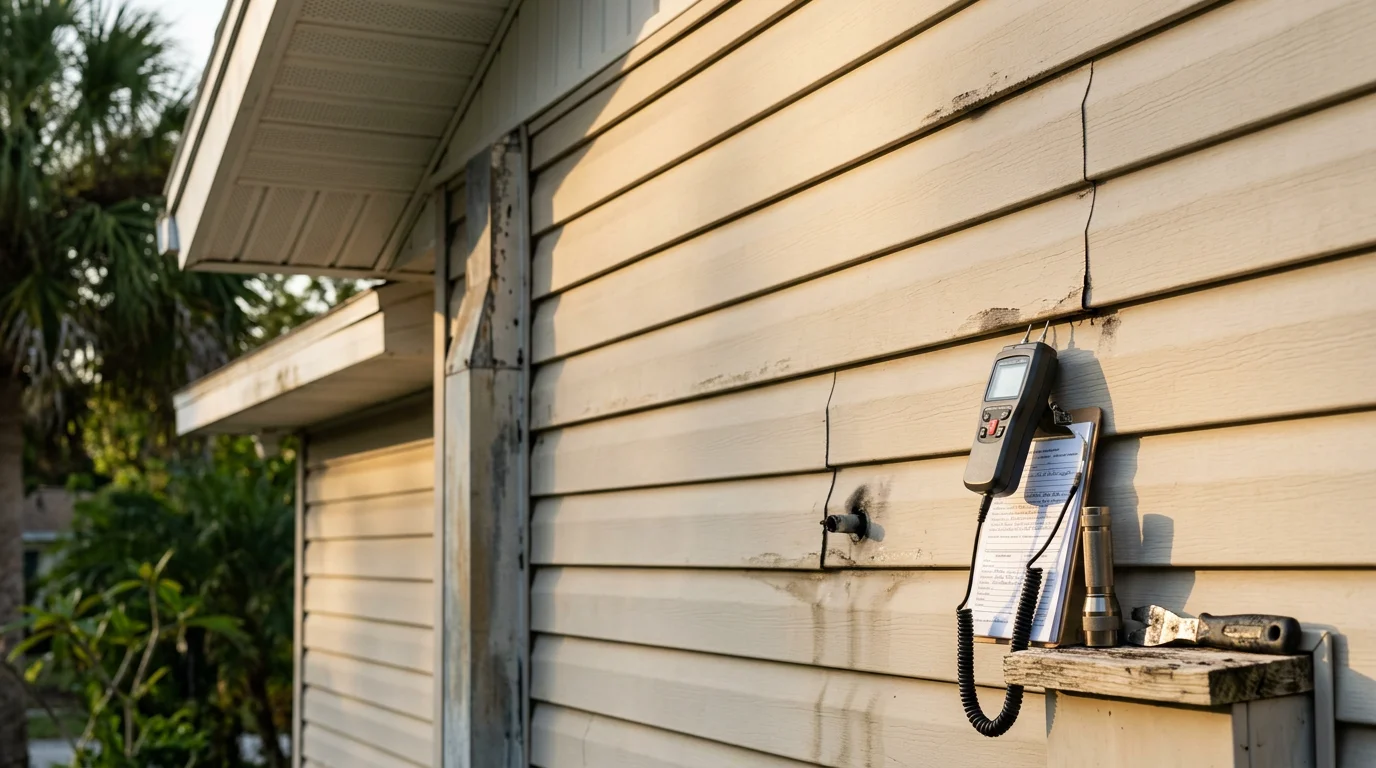 An Integrity Remodeling contractor closely examining exterior siding panels on a Tampa-area home, checking seams and flashing points for signs of moisture damage or storm wear.