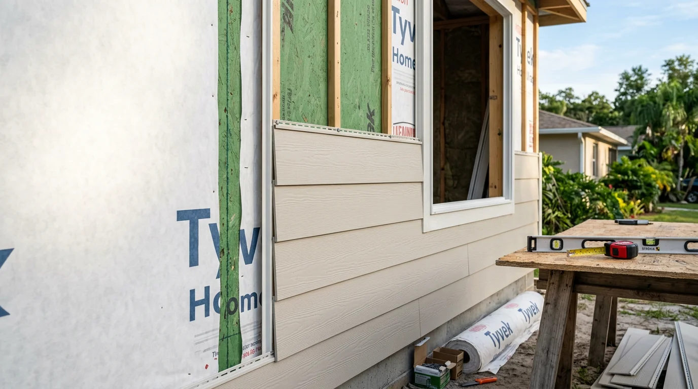 Freshly installed exterior siding on a single-family home in Tampa, Florida, showing clean panel lines and finished trim around windows. The completed installation reflects a full exterior upgrade suited to the Tampa Bay area's humid subtropical climate.