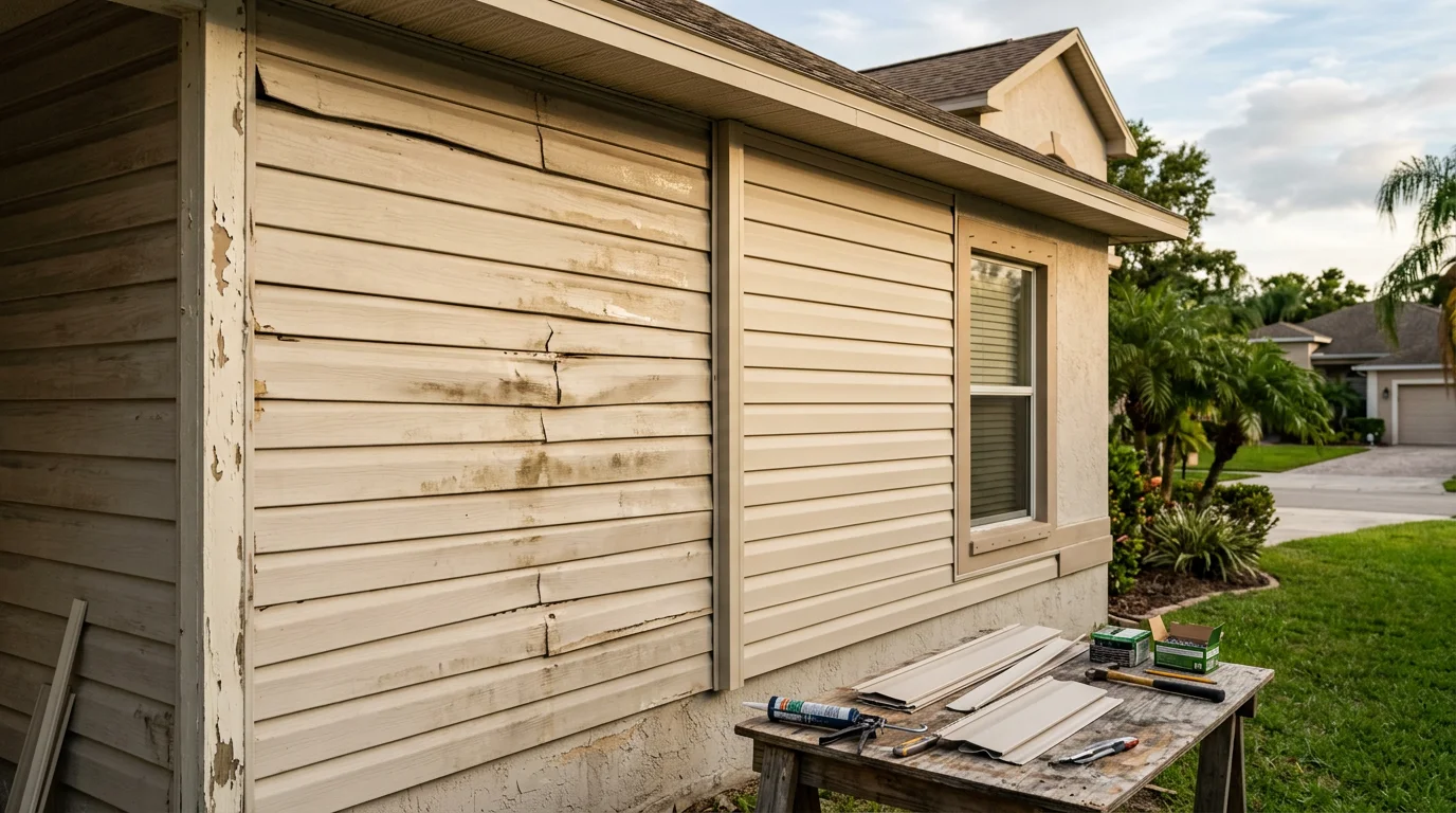 Close-up of a Tampa-area home exterior showing repaired siding panels along a side wall, with clean seams and consistent color matching the surrounding sections. The repair work is visible against a backdrop typical of a residential neighborhood in Hillsborough County.