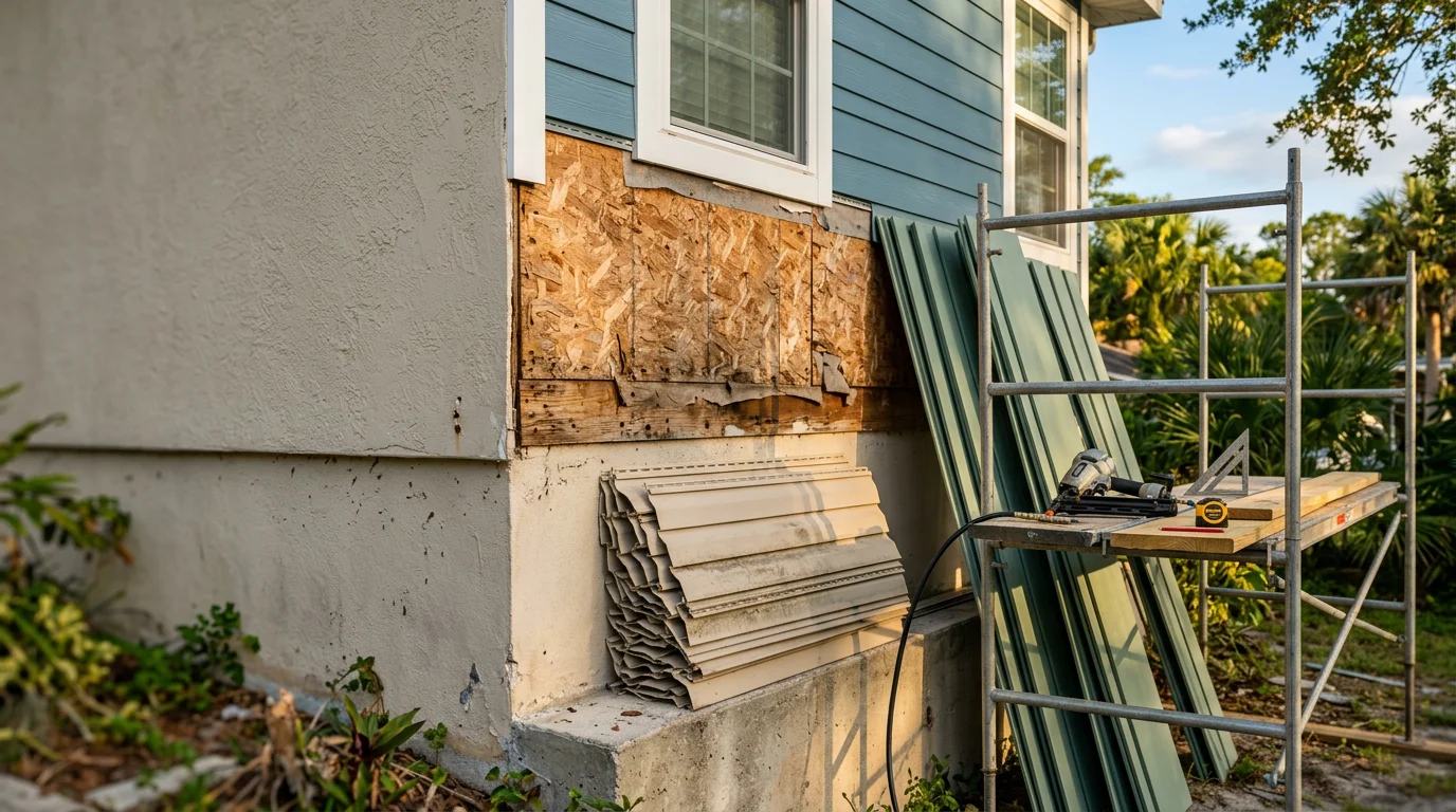 Freshly completed siding replacement on a single-story residential home in Tampa, Florida, showing new exterior panels installed across the full front facade. The home sits in a typical Hillsborough County neighborhood with mature trees visible in the background.