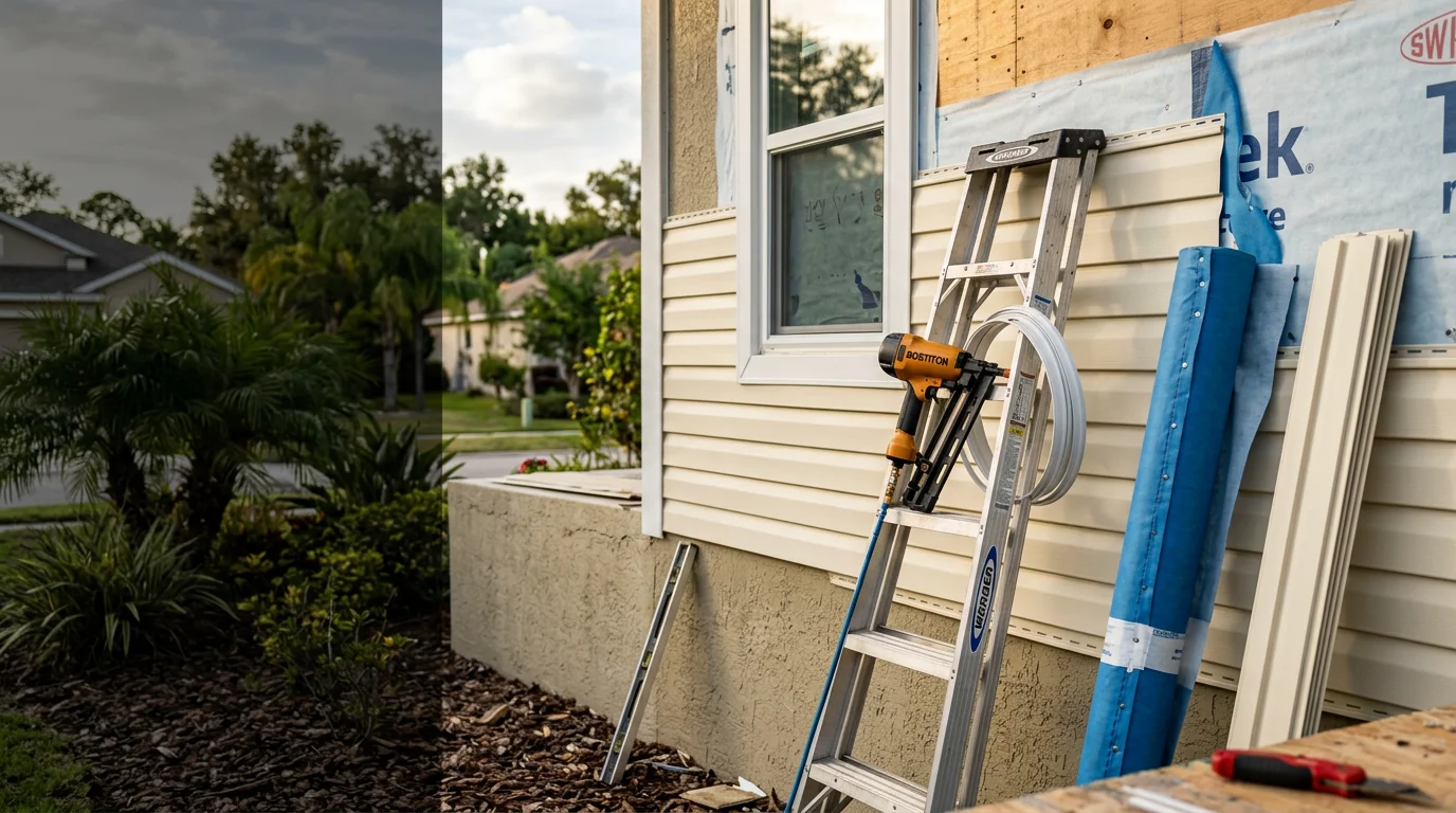 Freshly installed vinyl siding on a single-story residential home in Tampa, Florida. The panels are evenly aligned along the exterior wall with clean trim work around the windows and corners.