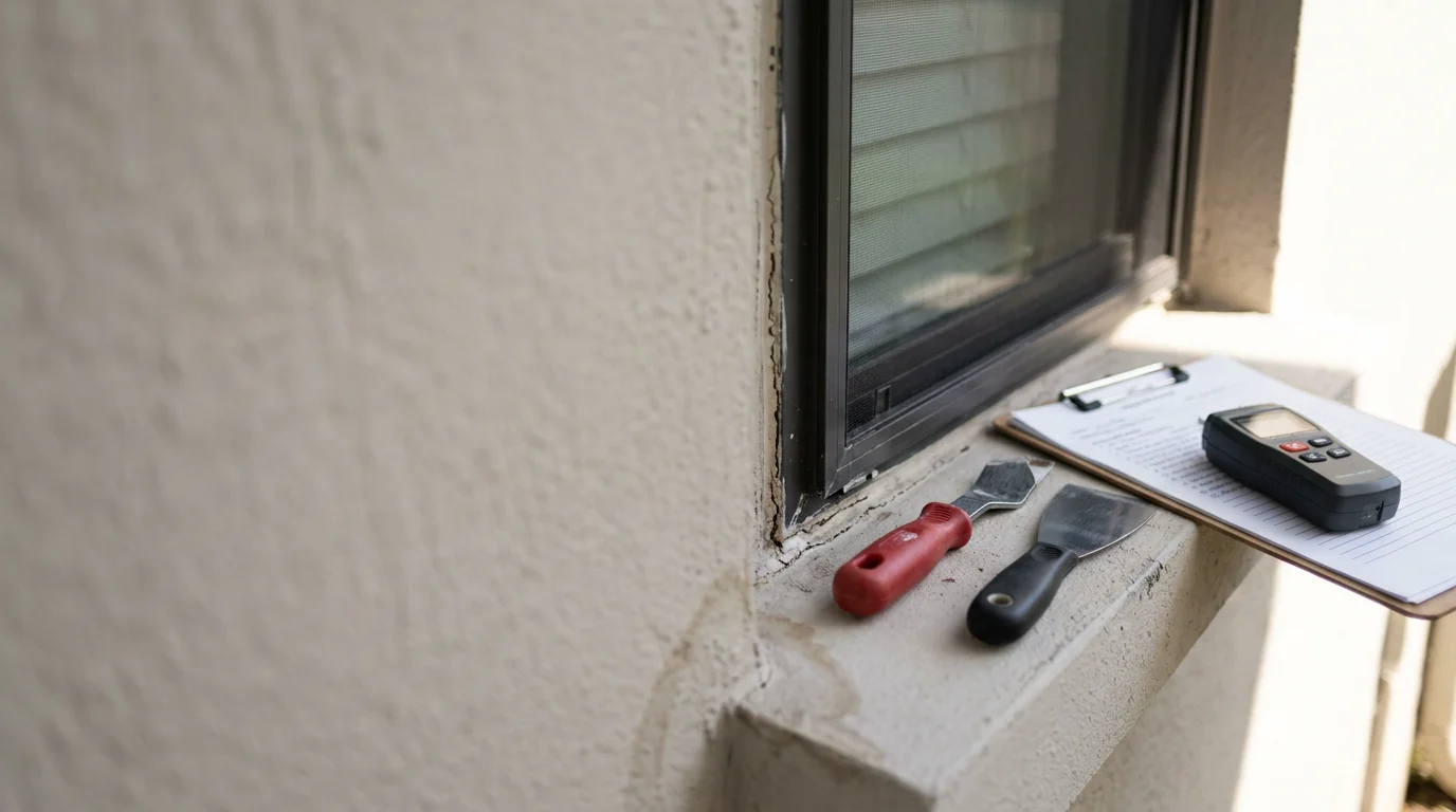 A remodeling professional examining the frame and seal of a residential window on a Tampa-area home. The inspector checks the exterior caulking and flashing for signs of moisture damage or gaps.