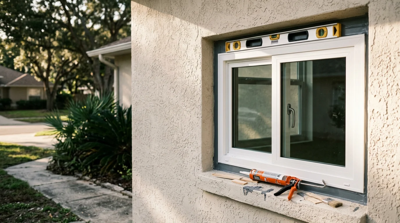 A freshly installed window on a Tampa-area home with clean framing and tight sealing visible around the exterior edge. The surrounding stucco exterior reflects the typical residential construction found across neighborhoods in Hillsborough County.