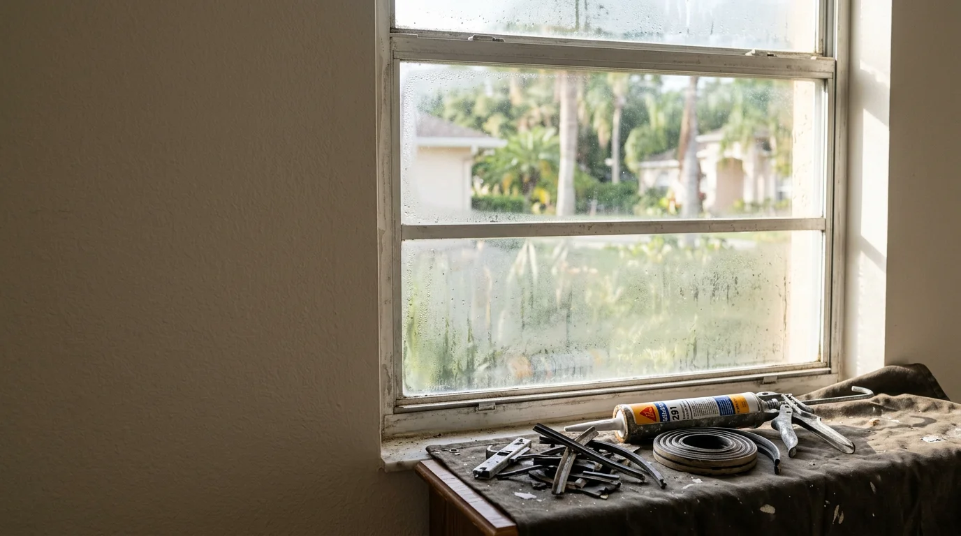 A Tampa-area home window with a repaired frame and clear, fog-free glass panes, showing restored condition after professional window repair service. The exterior view reflects a residential neighborhood consistent with homes found across Hillsborough County.