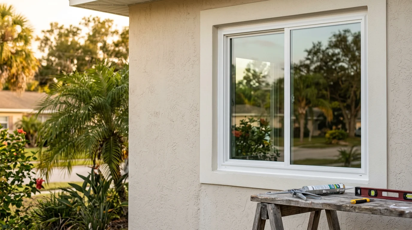 A Tampa-area home with newly installed replacement windows, showing clean frames and clear glass on a block-construction exterior. The surrounding neighborhood reflects the residential style common across Hillsborough County communities like Brandon and Riverview.